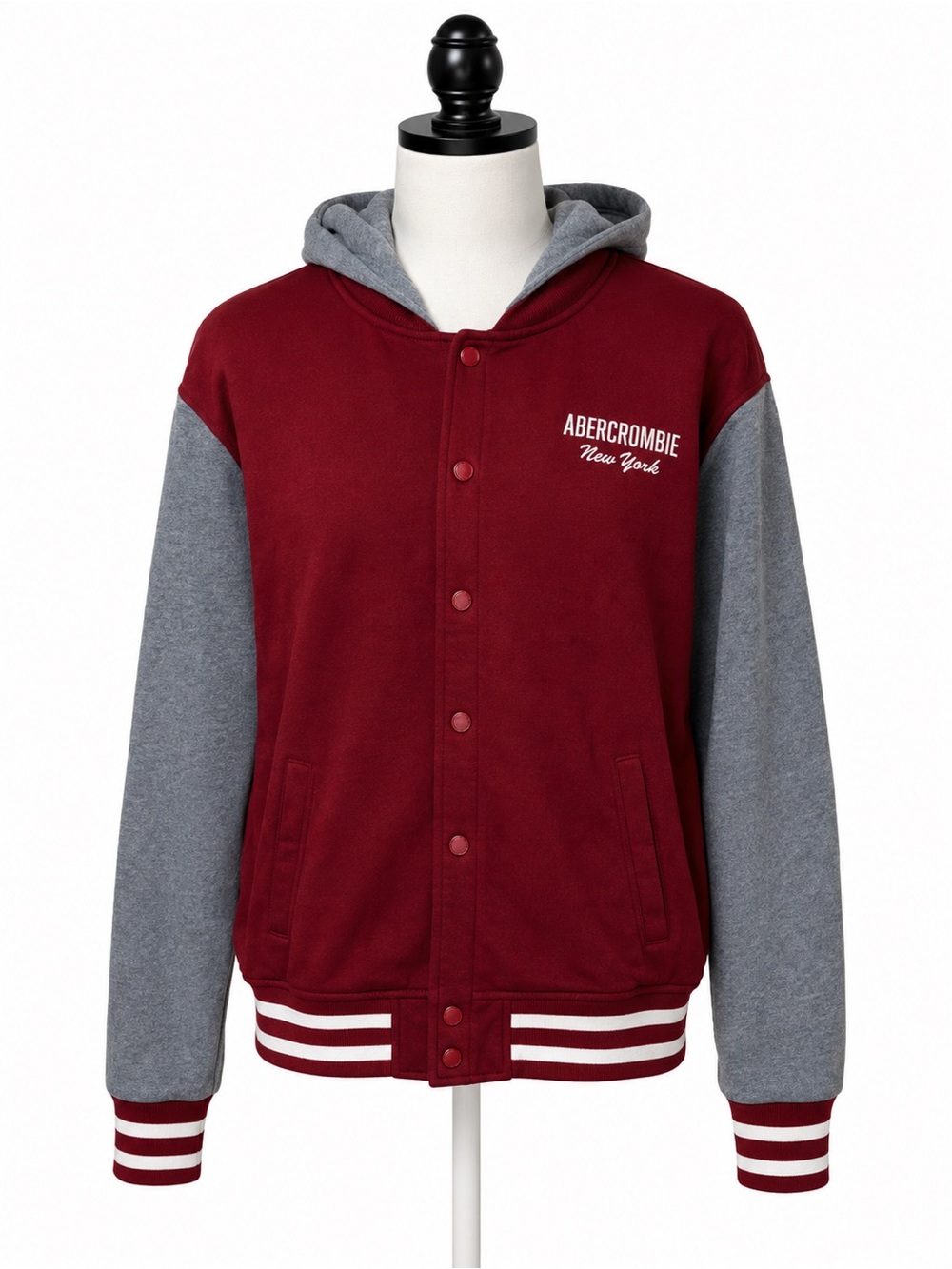 Abercrombie Kids Hooded Varsity Jacket Red Gray Size 13/14 Snap Front Soft